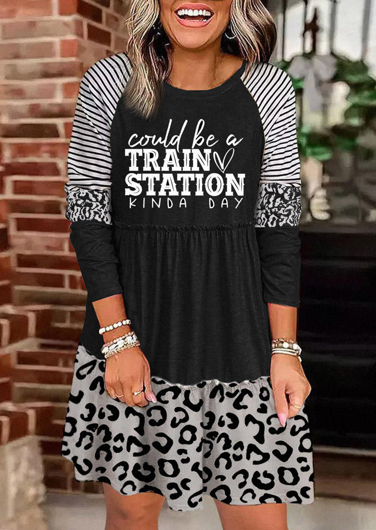 

Could Be A Train Station Kinda Day Leopard Striped Mini Dress - Black, SCM010268