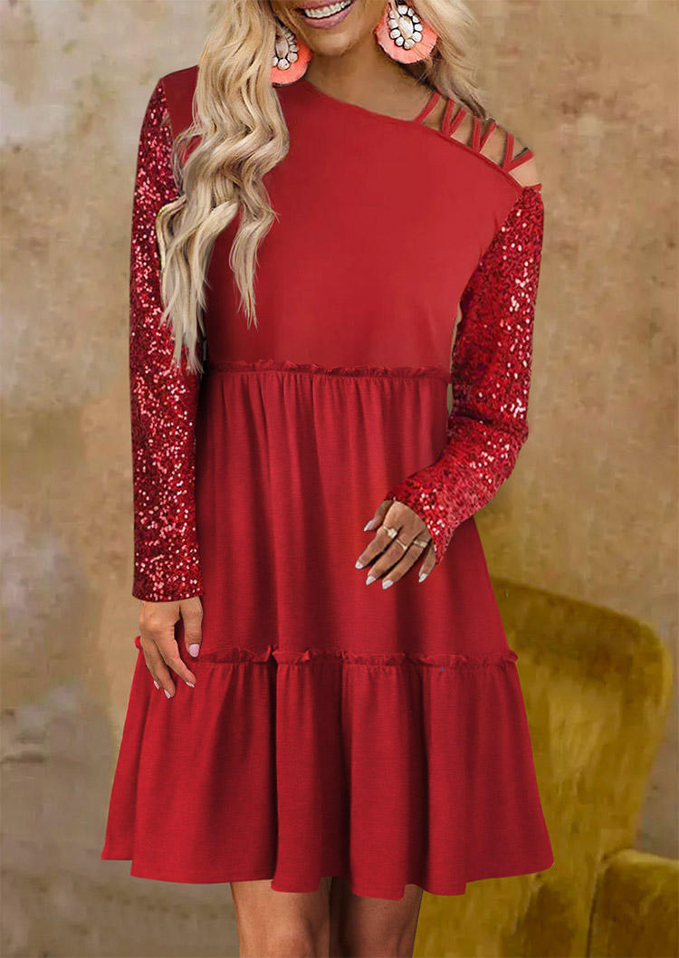 Glitter Ruffled Criss-Cross Mini Dress - Red