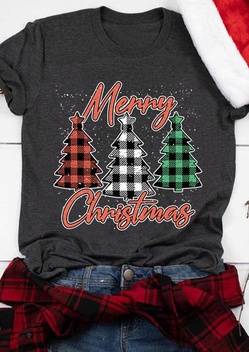 

Merry Christmas Plaid Tree T-Shirt Tee - Dark Grey, Gray, SCM008319