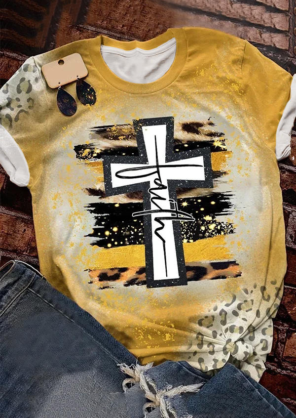 

Faith Cross Bleached O-Neck T-Shirt Tee - Yellow, SCM008711