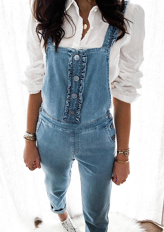 

Button Pocket Denim Overall Jumpsuit - Blue, SCM009564