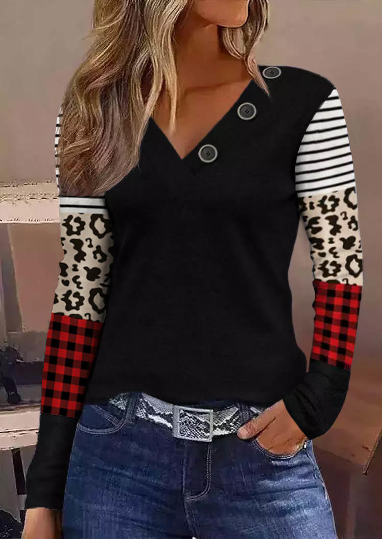 

Leopard Plaid Striped Button Blouse - Black, SCM009777