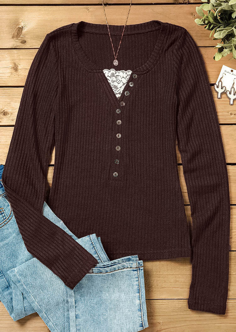 Lace Splicing Button Long Sleeve Blouse - Brown
