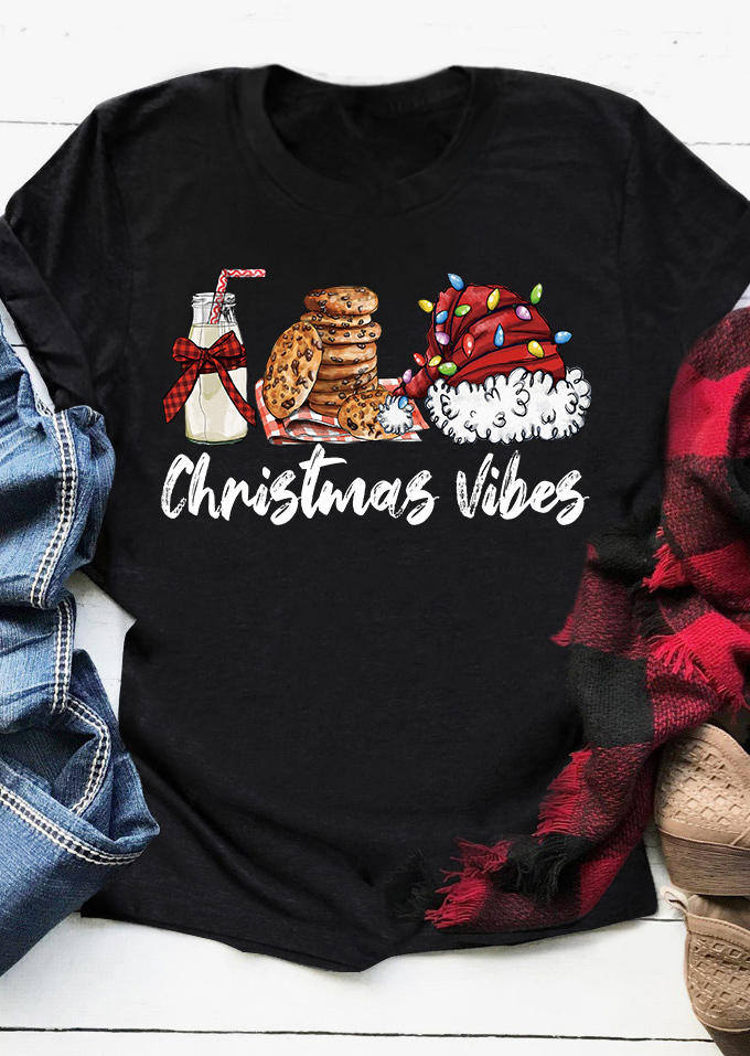 

Christmas Vibes Lantern Hat O-Neck T-Shirt Tee - Black, SCM010177