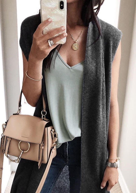 

Casual Long Vest Cardigan - Dark Grey, Gray, SCM010229
