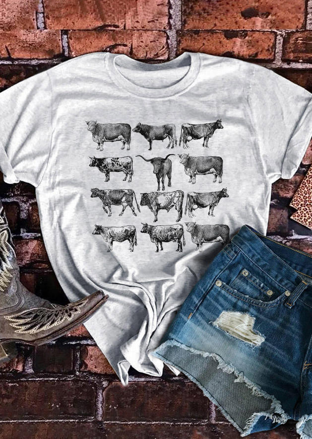 

Cow Cattle Western Country T-Shirt Tee - Light Grey, Gray, SCM010248