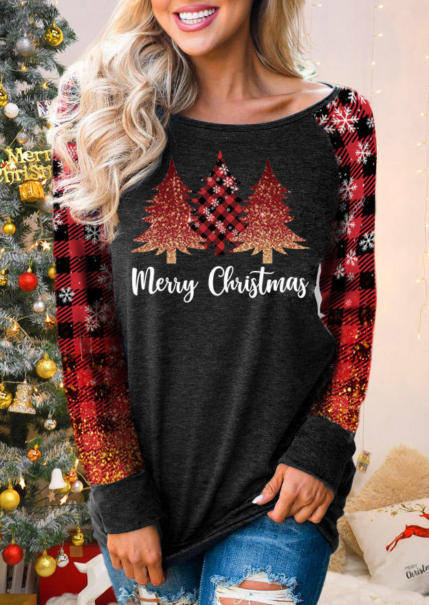 

Merry Christmas Tree Snowflake Plaid Glitter T-Shirt Tee - Dark Grey, Gray, SCM010254