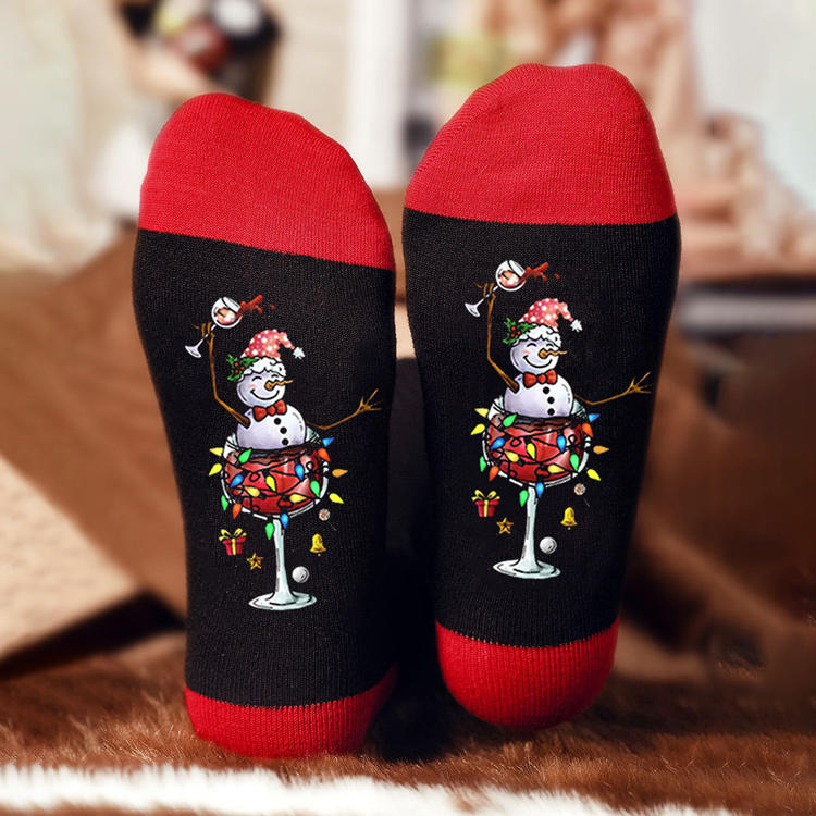 Christmas Wine Glass Snowman Crew Socks - Black