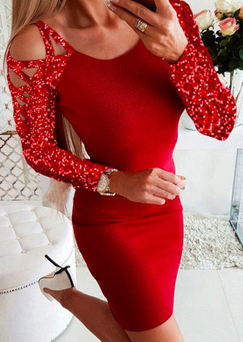 

Glitter Criss-Cross O-Neck Bodycon Dress - Red, SCM010310