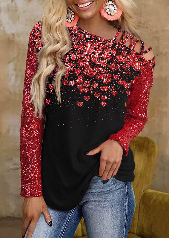 

Glitter Criss-Cross Long Sleeve Blouse - Burgundy, Red, SCM010317