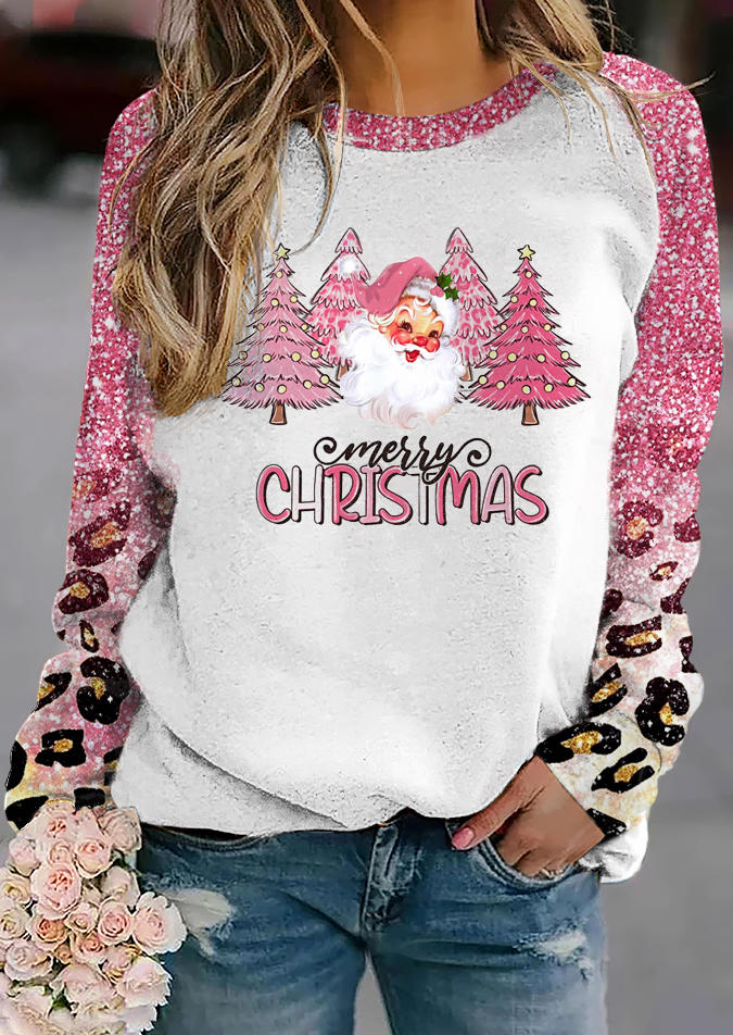 Merry Christmas Tree Santa Claus Leopard Sweatshirt - Pink