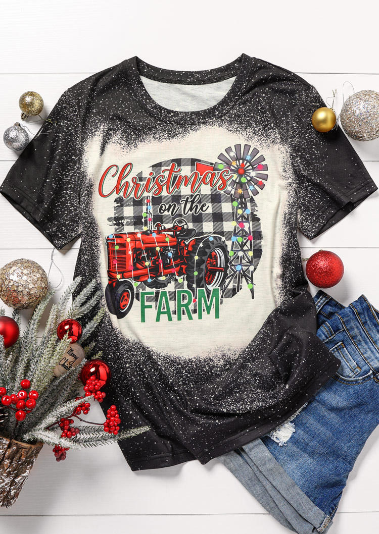Christmas On The Farm Plaid Bleached O-Neck T-Shirt Tee - Black