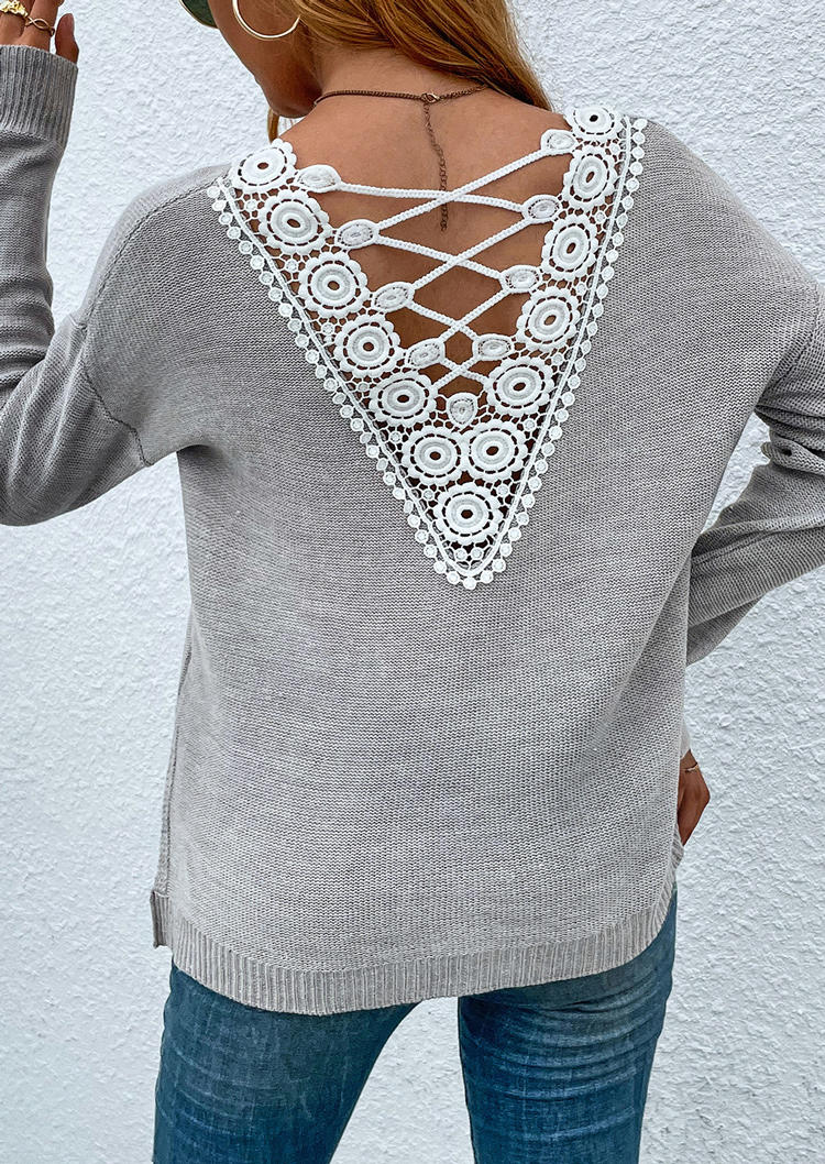 

Lace Splicing Drop Shoulder V-Neck Sweater - Gray, SCM010184