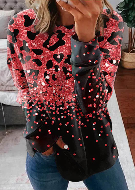 

Leopard Glitter Long Sleeve Pullover Sweatshirt, Multicolor, SCM010249