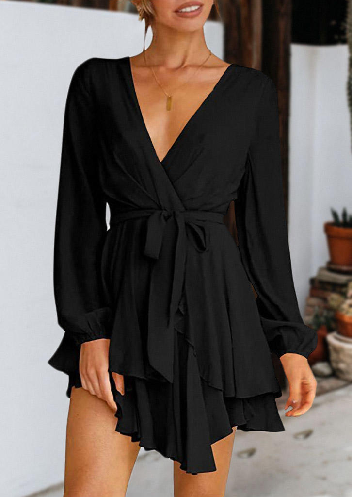 Wrap V-Neck Asymmetric Mini Dress - Black
