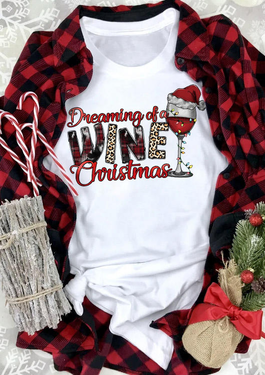 

Dreaming Of A Wine Christmas Leopard Plaid T-Shirt Tee - White, SCM010295
