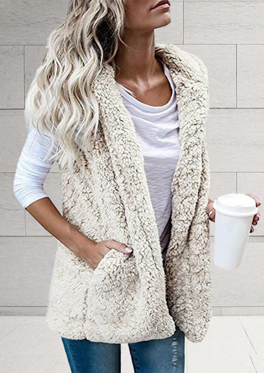 

Fuzzy Pocket Hooded Vest Coat - Beige, White, SCM009880
