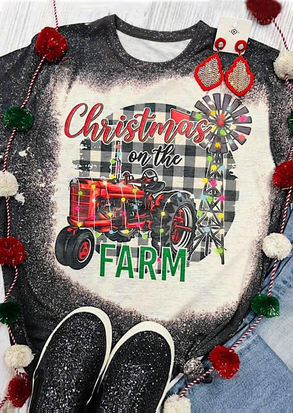 

Christmas On The Farm Plaid Bleached O-Neck T-Shirt Tee - Black, SCM009925