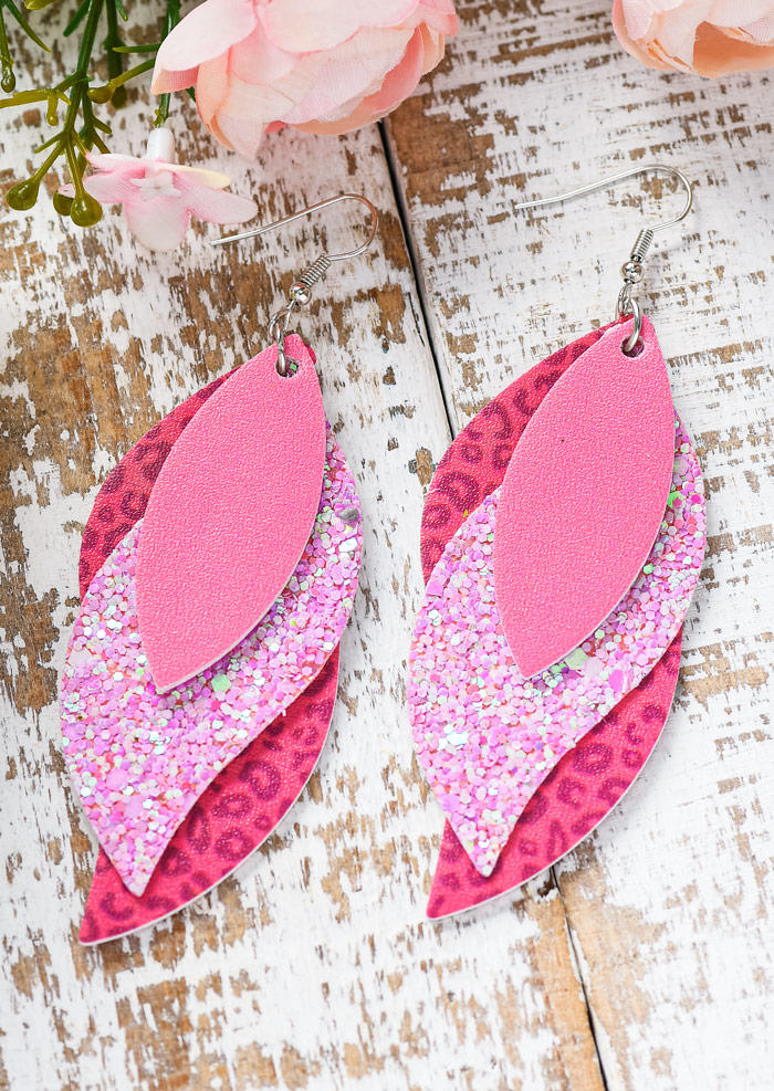 Glitter Leopard Leaf Multi-Layered Leather Earrings - Pink