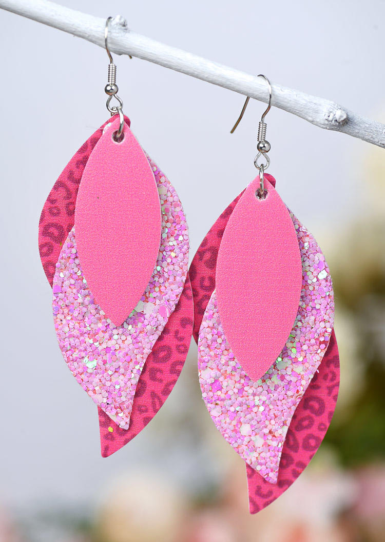 Glitter Leopard Leaf Multi-Layered Leather Earrings - Pink