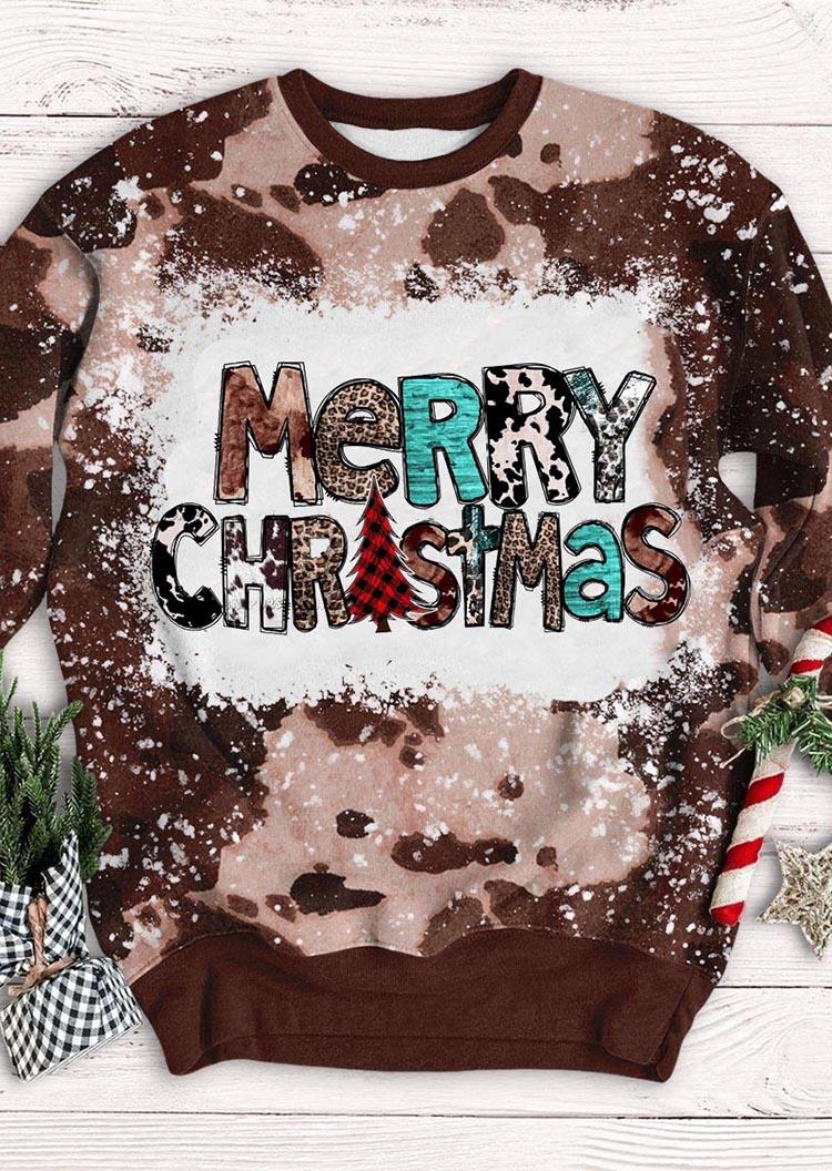 

Merry Christmas Tree Cow Leopard Bleached Sweatshirt - Brown, SCM010106