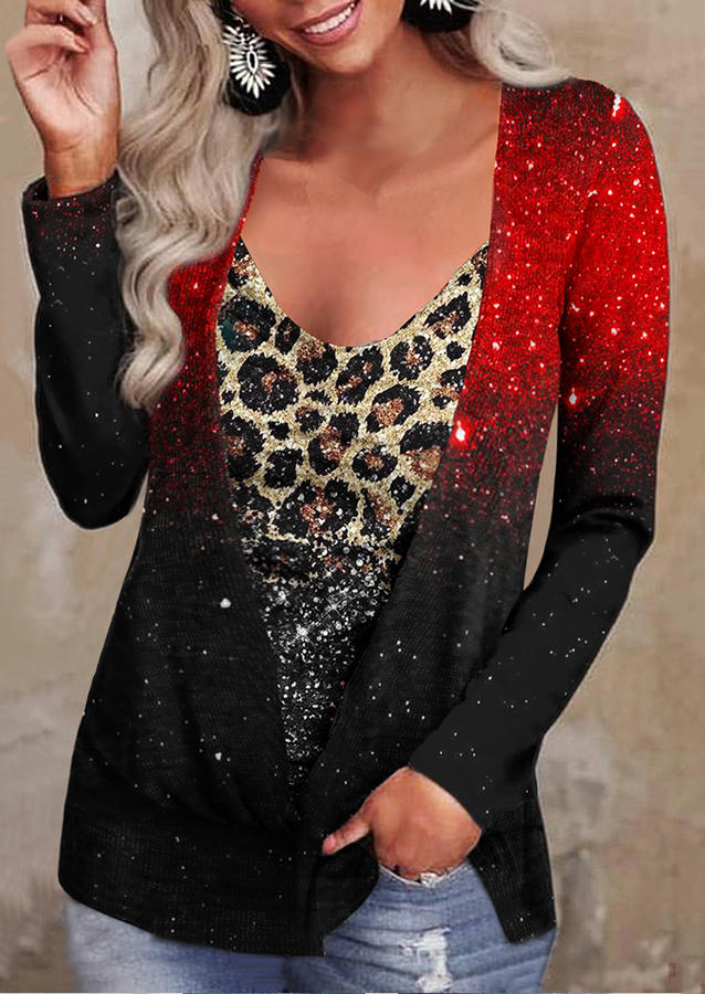 

Gradient Leopard Glitter Fake Two-Piece Blouse, Multicolor, SCM010125