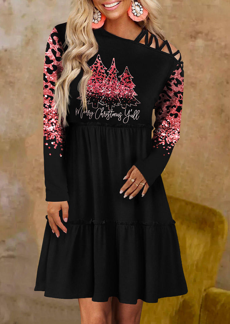 

Merry Christmas Y'all Leopard Tree Glitter Criss-Cross Mini Dress - Black, SCM010142