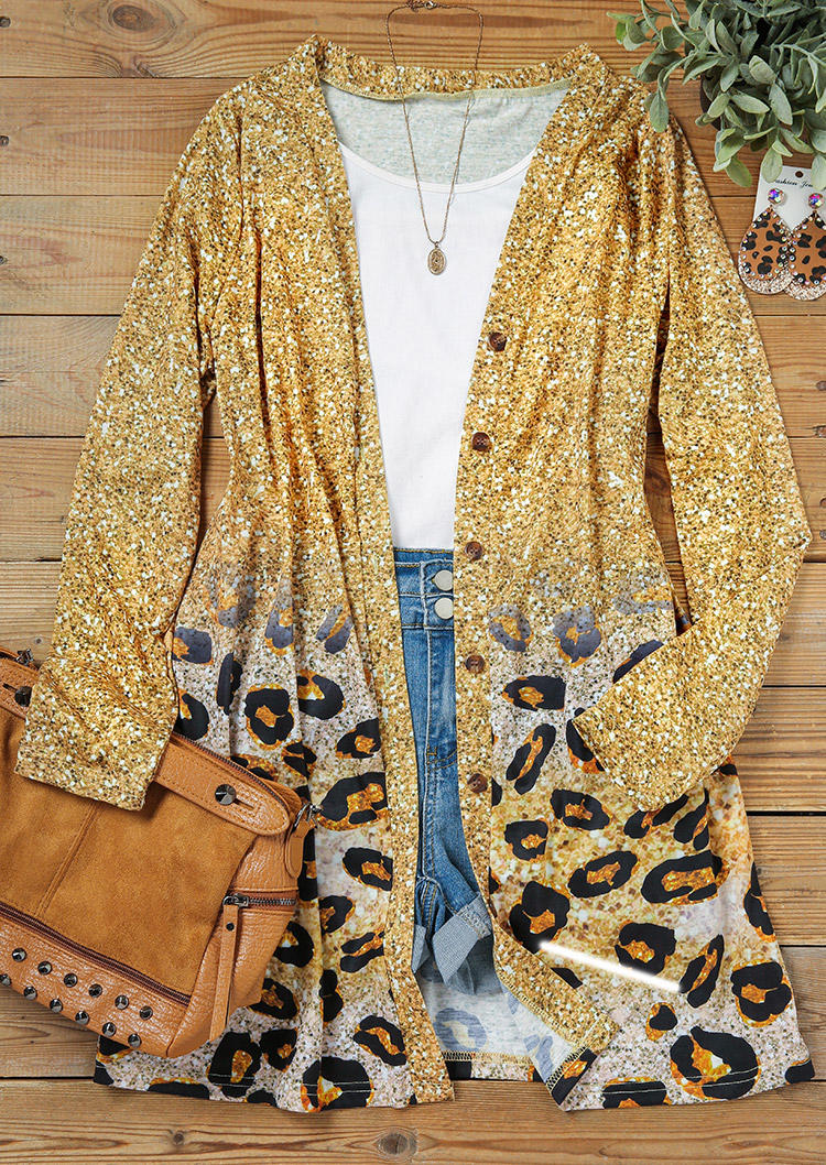Gradient Glitter Leopard Button Long Sleeve Cardigan