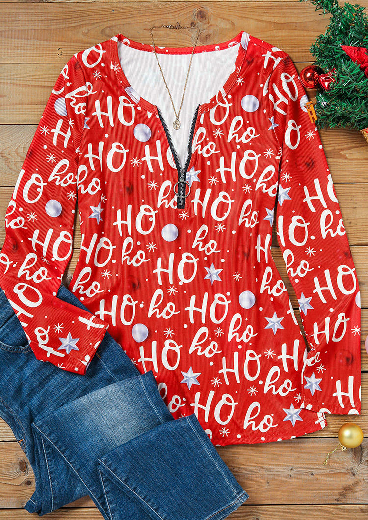 Christmas Ho Ho Ho Snowflake Zipper Blouse - Red