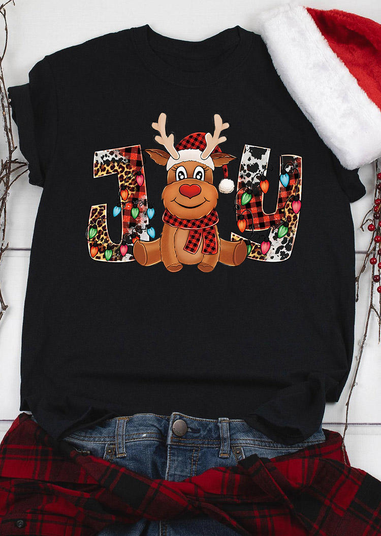 

Christmas Joy Reindeer Lantern Leopard Plaid T-Shirt Tee - Black, SCM010347