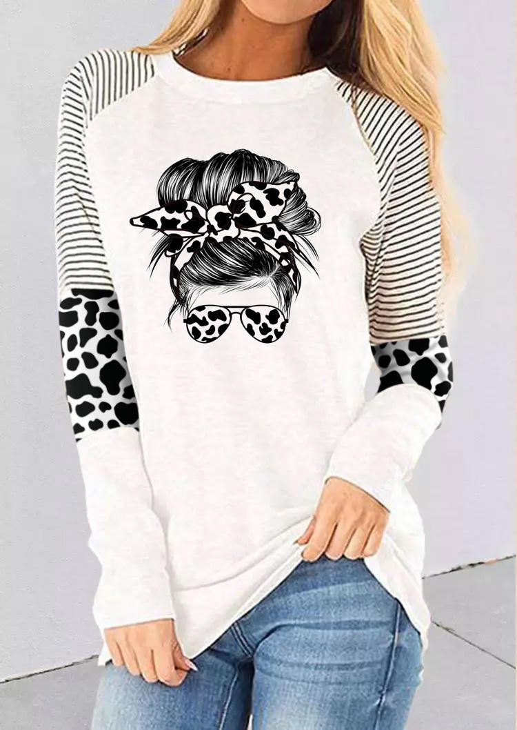 

Leopard Striped Long Sleeve T-Shirt Tee - White, SCM010393