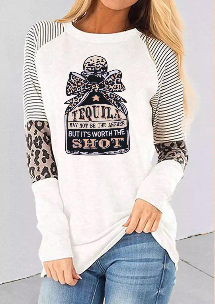 

Tequila Worth The Shot Leopard Striped T-Shirt Tee - White, SCM010396