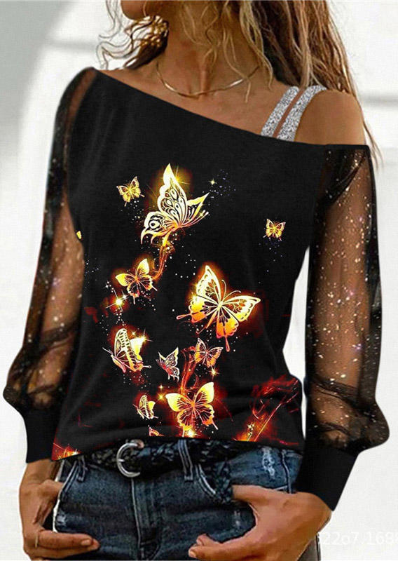

Butterfly Mesh Splicing Glitter Blouse, Multicolor, SCM010402