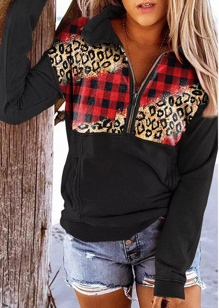 Leopard Plaid Zipper Long Sleeve Sweatshirt SCM010421