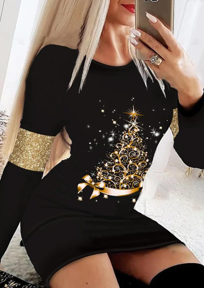 Christmas Tree Glitter Bodycon Dress - Black