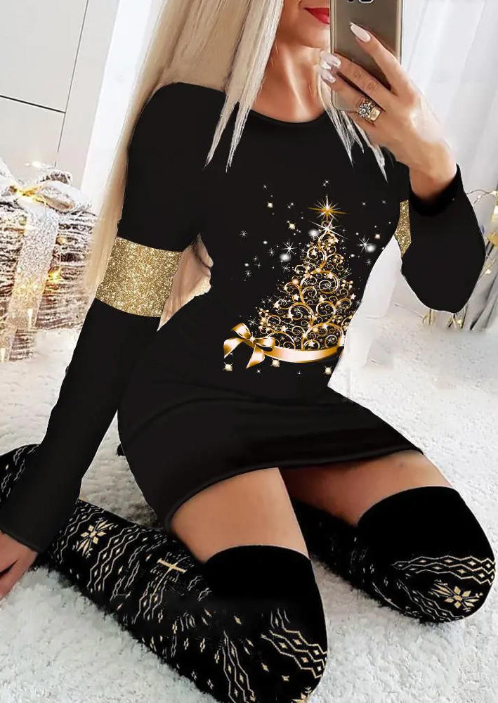 

Christmas Tree Glitter Bodycon Dress - Black, SCM010426
