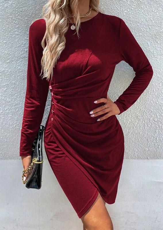 

Wrap Button Ruched O-Neck Bodycon Dress - Burgundy, Red, SCM010428