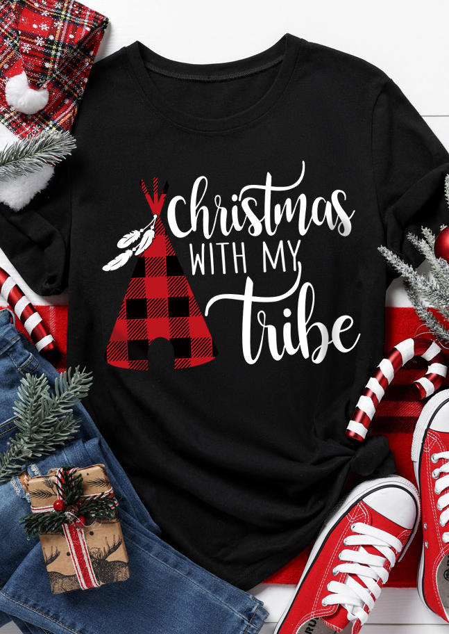 

Christmas With My Tribe Plaid T-Shirt Tee - Black, SCM010463