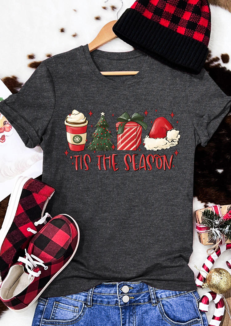 

Christmas Tis The Season O-Neck T-Shirt Tee - Dark Grey, Gray, SCM010466