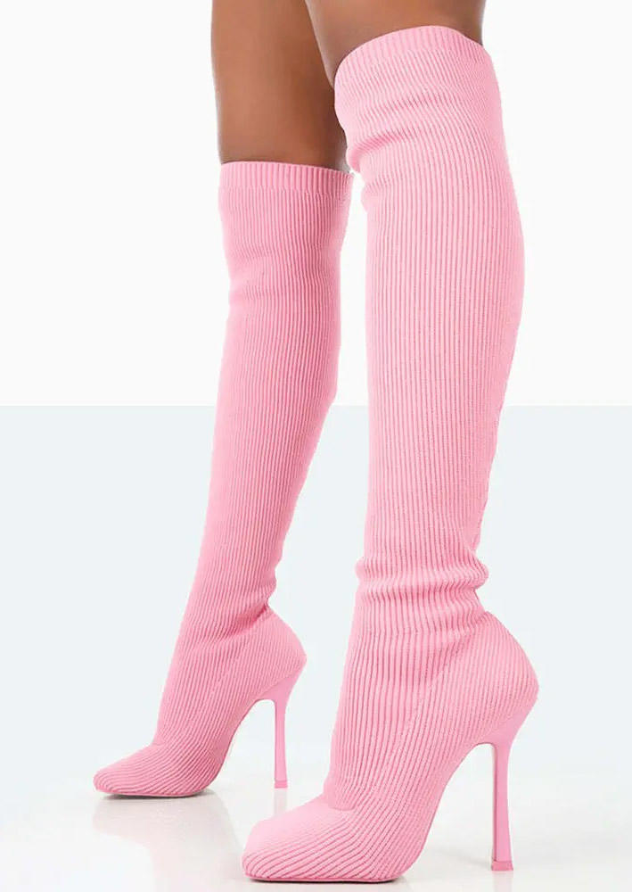 Pointed Toe Over Knee Heeled Boots - Pink