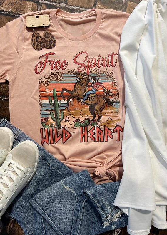 

Free Spirit Wild Heart Leopard Horse Cactus T-Shirt Tee - Light Pink, SCM009229