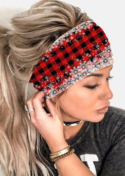 

Christmas Plaid Snowflake Elastic Sports Wide Headband - Red, SCM009587