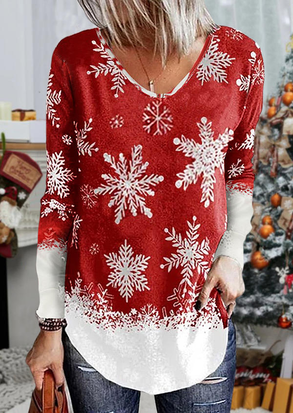 

Christmas Snowflake Long Sleeve Blouse - Red, SCM009614