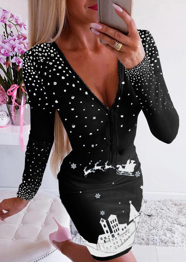 

Christmas Snowflake Dot Zipper Bodycon Dress - Black, SCM009964