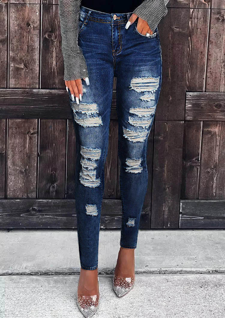 

Ripped Hole Frayed Denim Pants - Blue, SCM009987