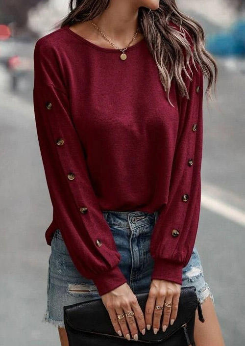 

Button Drop Shoulder O-Neck Blouse - Burgundy, Red, SCM009991