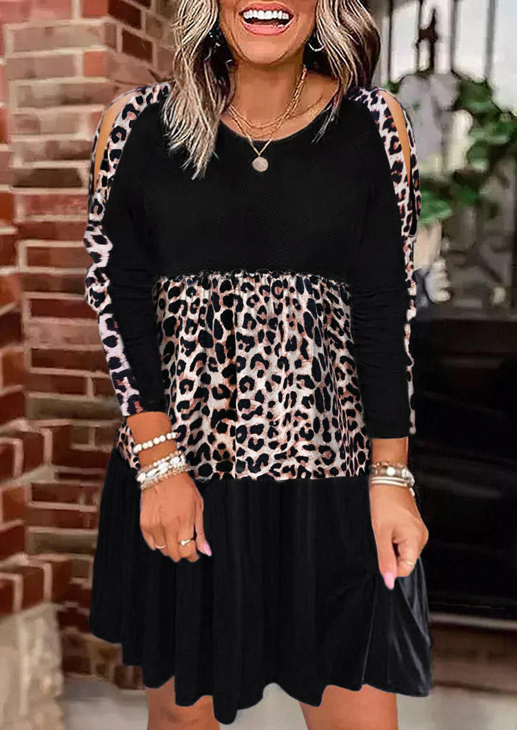 Leopard Cold Shoulder Ruffled O-Neck Mini Dress - Black