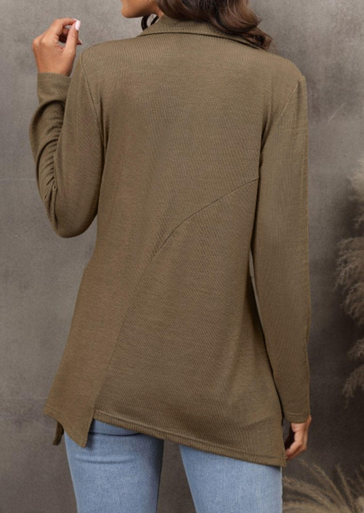 Button Long Sleeve Notched Neck Blouse - Coffee