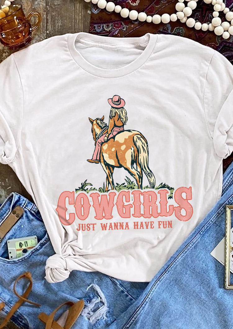 

Cowgirls Just Wanna Have Fun Horse T-Shirt Tee - White, SCM010348
