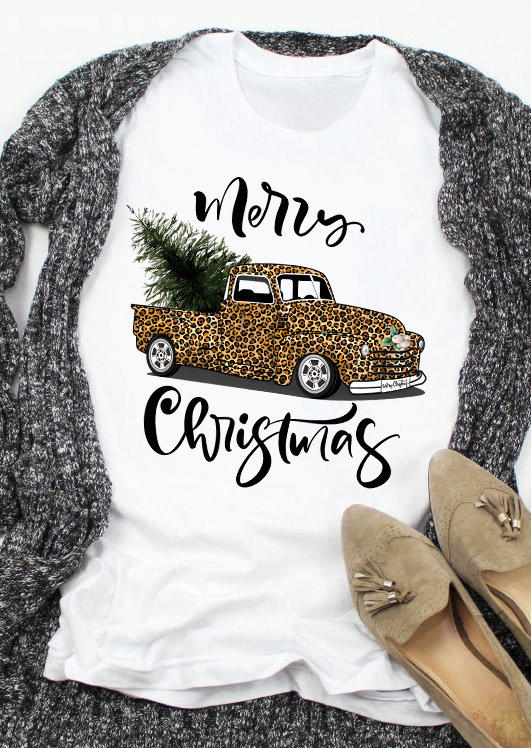 

Merry Christmas Tree Leopard O-Neck T-Shirt Tee - White, SCM010350